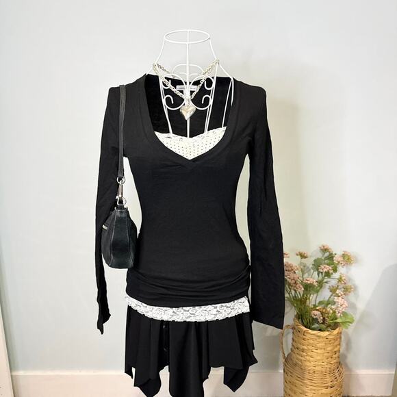 NWT Cute vintage y2k black tight long sleeve Henley grunge v neck top - Picture 3 of 7